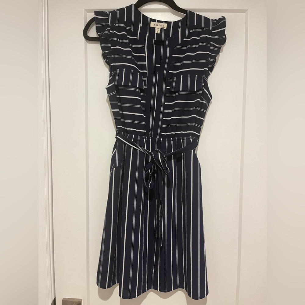 Navy And White Striped Tie-waist Dress